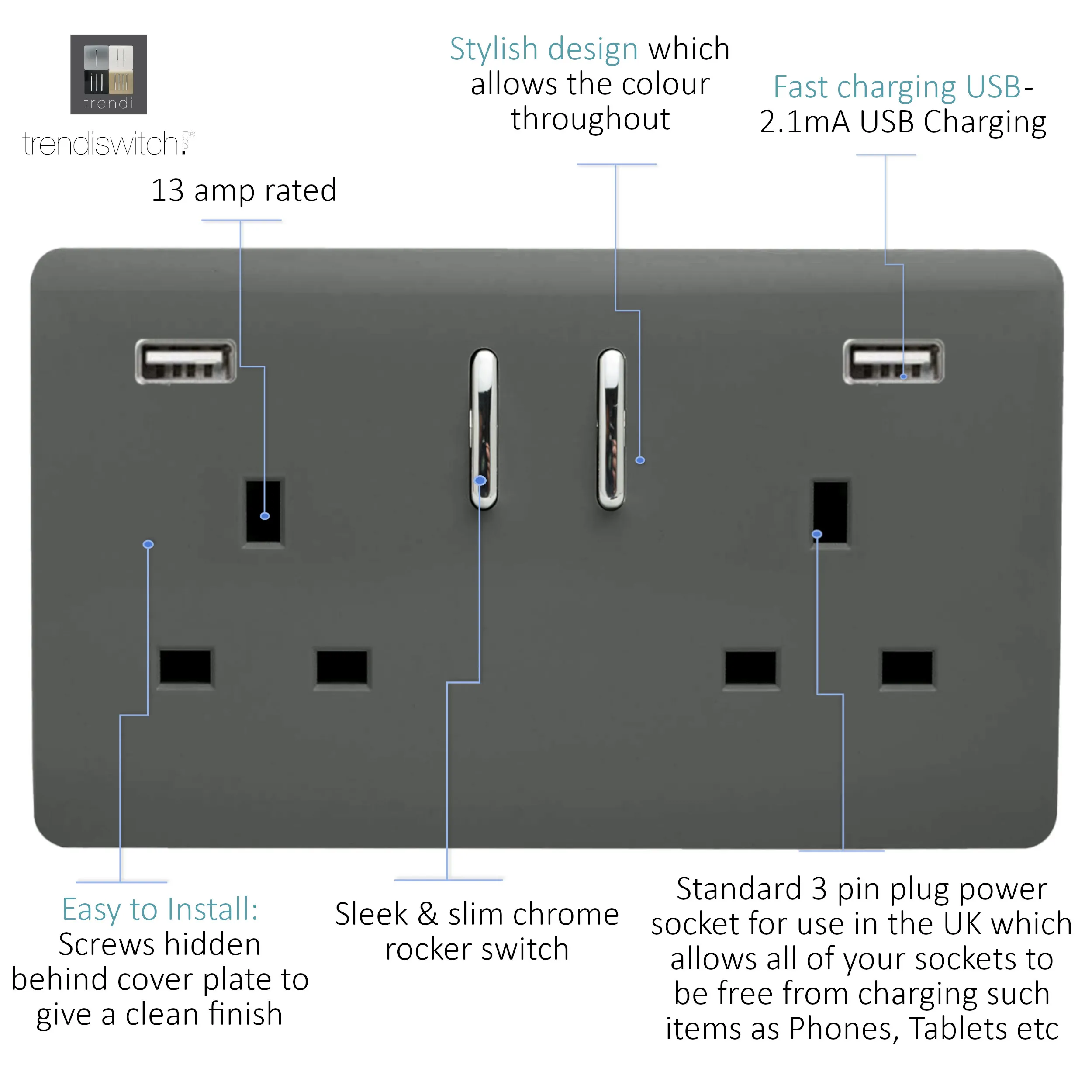 2 Gang 13Amp Short S/W Double Socket With 2x3.1Mah USB Charcoal ART-SKT213USB31AACH  Trendi Charcoal